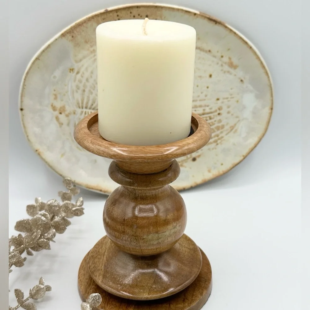 Pottery Barn Fruitwood Natural Candle Holder.